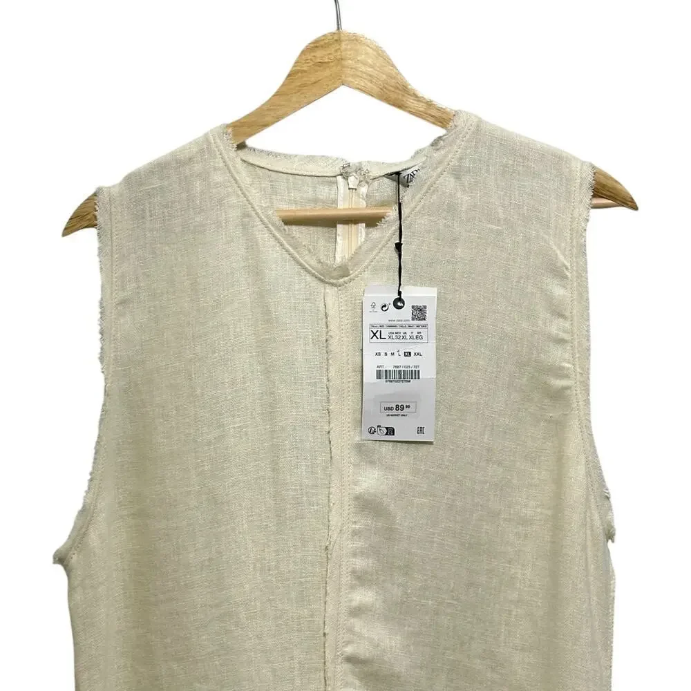 NWT ZARA 100% Linen Minimalist Sleeveless Shift Natural Vanilla  Midi Dress - Picture 5 of 14